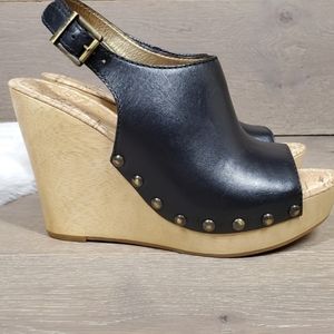 Sam Edelman Camilla Wooden Wedge Open Toe Sandals Black Leather Studded Slingbac